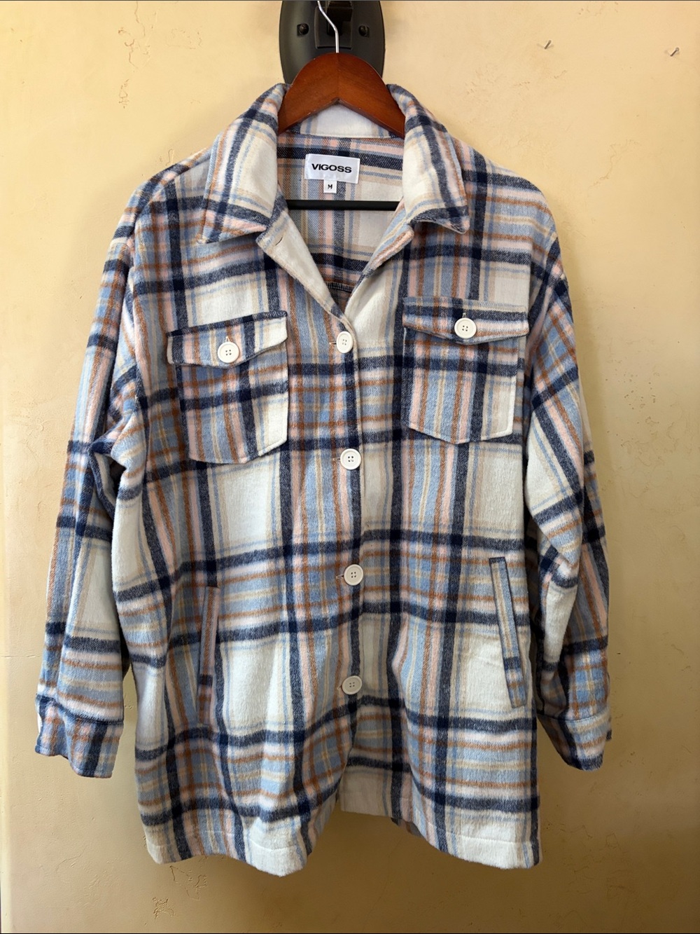 Sz M Vigoss Plaid Button-Front Soft Shacket Blue Cream Tan Pink Accents